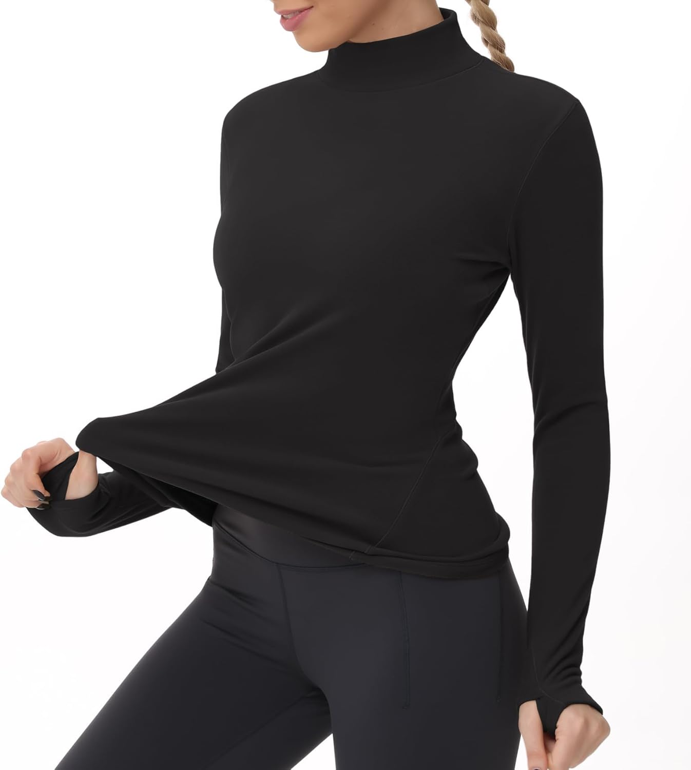 THE GYM PEOPLE Women's Mock Turtleneck Long Sleeve Shirts Fleece Thermal Underwear Pullover Tops with Thumb Hole - Image 5