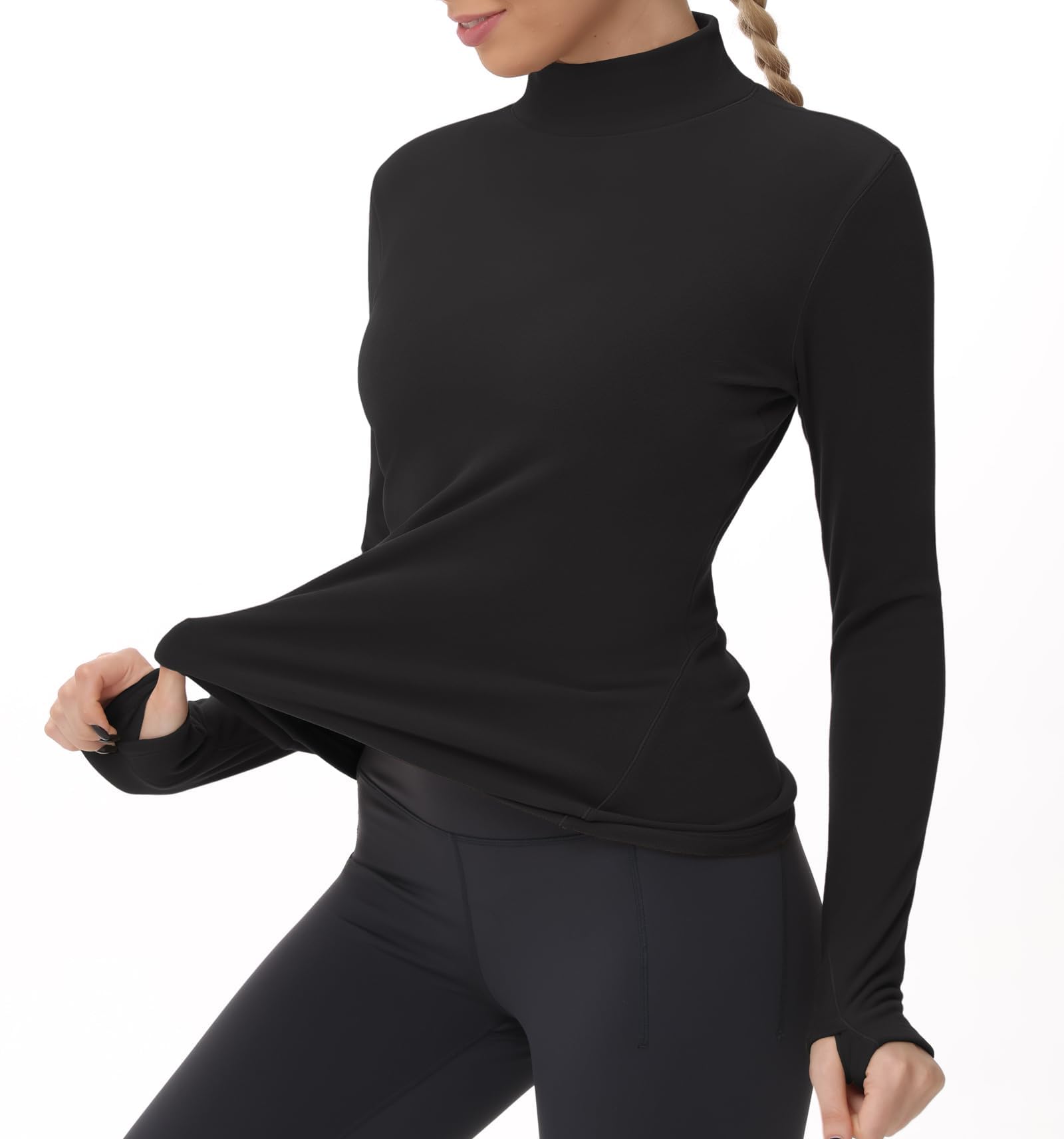 THE GYM PEOPLE Women's Mock Turtleneck Long Sleeve Shirts Fleece Thermal Underwear Pullover Tops with Thumb Hole: X-Large Black