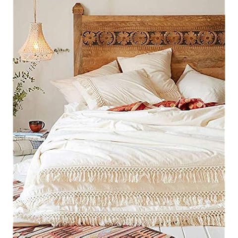 Bohemian Dorm Decor Off White Doona Duvet Cover with Lace Fringes, Comforter Cover Hippie Bedding Sheet Boho Quilt Cover with 2 Pillowcases 2 Cushions Set (Double 200x200cm (78 inches x 78 inches)) Cover