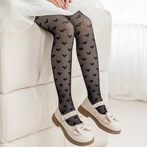 2 Pairs Heart Print Stockings Patterned Fishnet Stockings Long Sheer Stockings Girls Fishnet Tights Cute Mesh Socks Kids Black Tights2