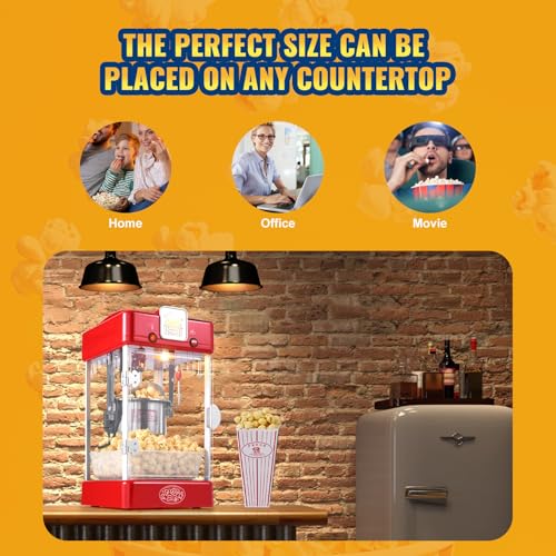 VEVOR Popcorn Maker, 300W Popcorn Popper Machine, 2.5 Oz Kettle Makes 4 QT per Batch, Tabletop Popcorn Maker with PP Door, Includes 2 Scoops and Tray, Movie Theater Style, Red by VEVOR - Image 4