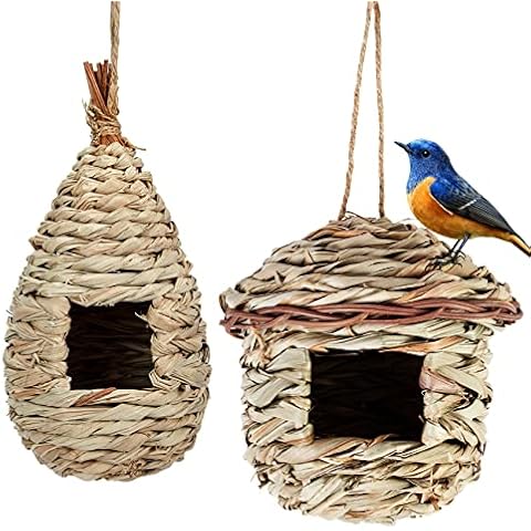 2 Pcs Bird House Natural, Hanging Bird Nesting Boxes, Bird Houses for Garden Outdoor Tree Hummingbird Robin, Handmade Green Cover