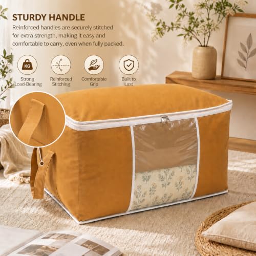 Image of Non-Woven Side Handle Underbed Storage Bags | Pack of 6 | Durable, Foldable Blanket, Comforter & Clothing Organizer | Dustproof, Moisture-Resistant Storage for Closets & Under Bed (Beige)