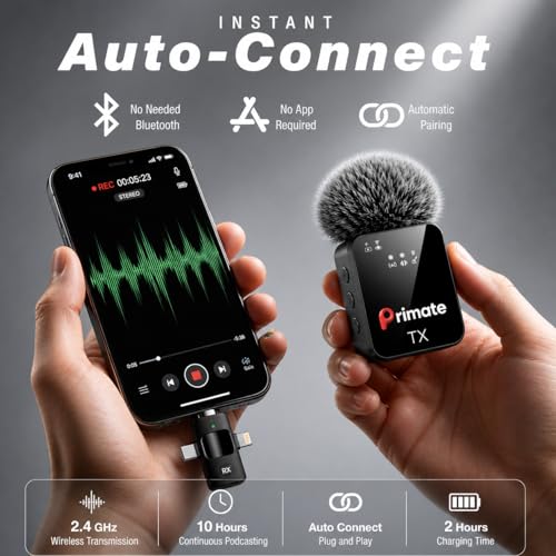 Image of Primate 3-in-1 Wireless Noise Reduction Microphone for Smartphone & Camera | 164ft Range, 20 Hours Battery Life | Ideal for YouTube, Vlogging & Interviews