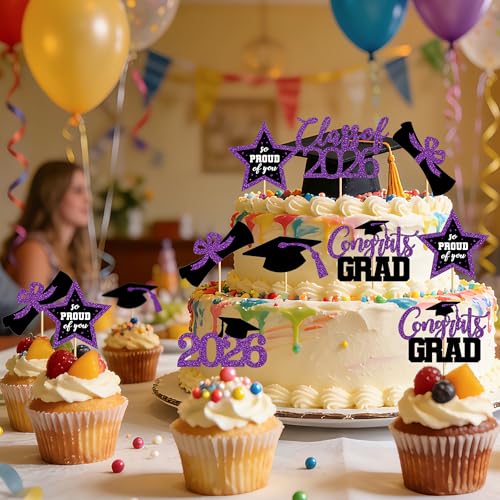 Image of 48 PCS Graduation Cupcake Toppers, 6 Styles Congrats Grad Cake Topper 2026, Graduation Decorations, Glittery Black and Purple Cap and Diploma Cake Picks for Grad Party Decor Supplies