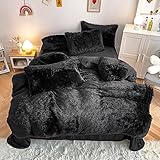 KOKGYM Faux Fur Duvet Cover Set, 5pcs Black Plush Fluffy Luxury Bedding Cover Set, Warm Winter Shaggy Crystal Velvet Ultra Comforter Cover King (1 Duvet Cover+1 Flat Sheet+2 Pillowcase+1 Heart Pillow)
