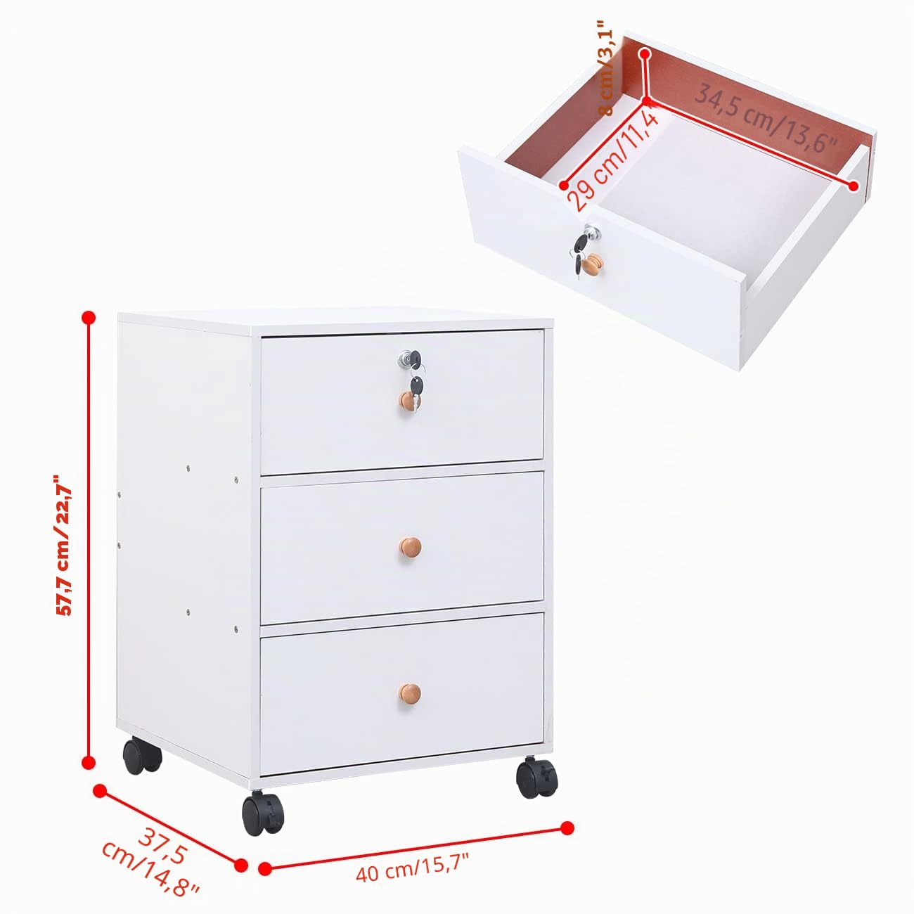 Büro Rollcontainer mit Schubladen abschließbar, mobiler Aktenschrank mit Schloss für Homeoffice, platzsparender Schreibtischunterschrank mit Rollen für Akten & Schreibwaren (3 Schubladen, Kiefer)