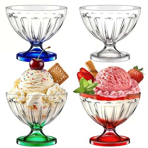 Rozer 4 Pcs Ice Cream Bowls 8.5 oz Colorful Clear Acrylic Dessert Cups Footed Cute Plastic Trifle Bowl for Serving Sundae Salad Ice Cream Cocktail Condiment Fruit Snack Holiday Party