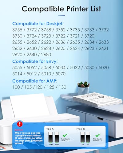 TECKKIN 65XL Black Ink Cartridge High Capacity Replacement for HP 65 Black Ink Cartridge for HP Deskjet 3755 3772 3700 3722 3752 2600 Envy 5055 5000 5070 (2 Pack)