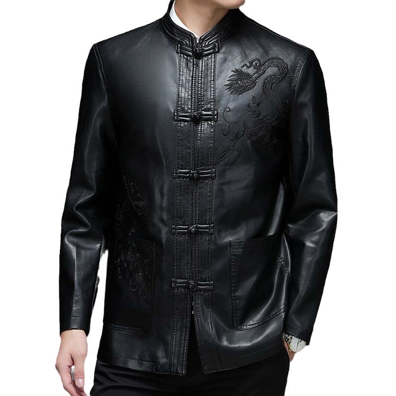 Aoleaky Chinese Style Men's Leather Coat Men Clothing Loose Embroidery Coatstang Suit Chinoiserie Jackets Outerwear