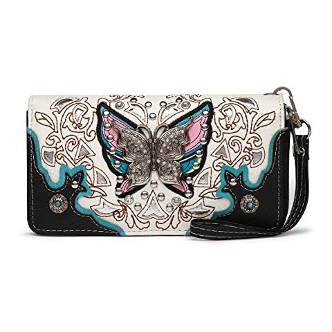 Western Style Spring Butterfly Floral Laser Cut Women Country Wallet Black Cover