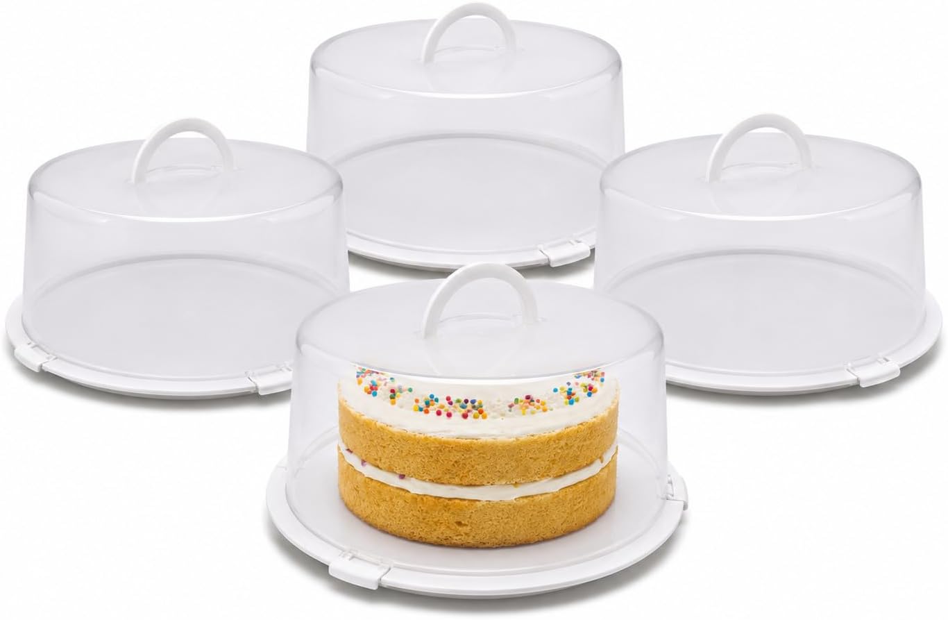4 Reusable Cake Carriers with Lids 12x12x4.75 Inch BPA Free Lightweight Plastic Containers Fits 10-Inch Cakes – Freezer Safe Stackable Storage with Handles for Transport