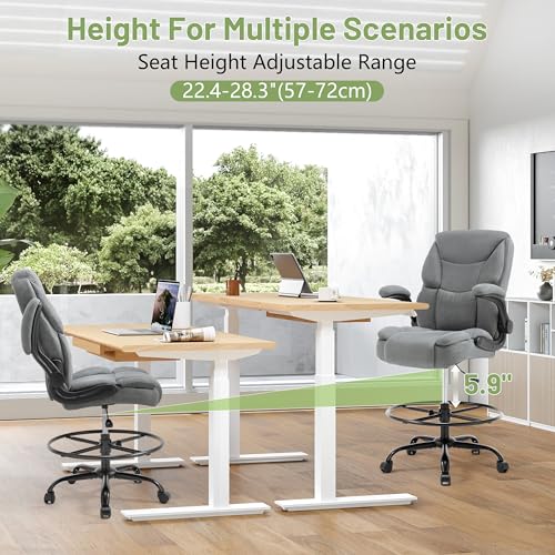 Image of 500LBS Drafting Chair, High Back Safer Standing Desk Chair, Executive Tall Office Chair with Flip-up Armrests, Upholstered Fabric Task Chair, Ergonomic Seat with Adjustable Height&Foot Ring, Grey