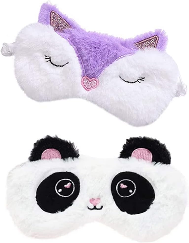 2 Pcs Cute Sleep Mask, Soft Fluffy Plush Blindfold Funny Novelty Animal Sleep Mask Eyeshade for Kids Girls and Adult Night Nap Travel Meditation (Purple Fox &Panda)