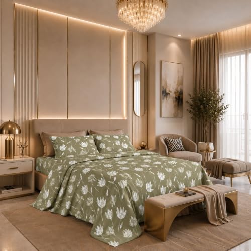 Image of Jaipur Weaves Cotton King Size Bedsheet 108x108 Super King, 100% Pure Cotton Bed Sheet with 2 Pillow Covers, 300 TC Soft Breathable Floral Design Bedding (Mustard Tulips, Super King)