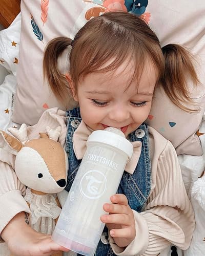 Twistshake 2 x Biberão anticólico com recipiente de leite em pó e misturador – 330 ml | Tetina de silicone de fluxo rápido, babete sem BPA, 4 meses | branco