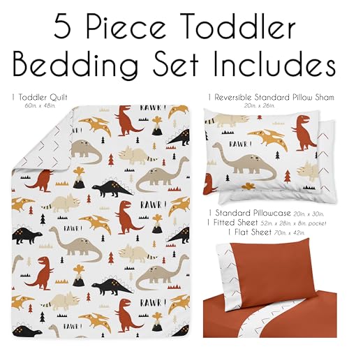 Image of Sweet Jojo Designs Mod Dino Boy Girl Toddler Bedding Set - 5pc Comforter Sham Sheets - Orange Tan Rust Taupe Mustard Yellow Beige Brown Black Modern Dinosaur Boho Dinosaurs Arrow Chevron Herringbone