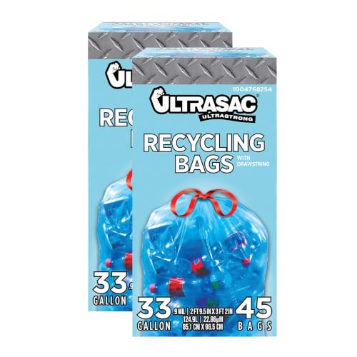 Ultrasac Blue Recycling Bags 33 Gallon 0.9 MIL,33.5" x 38" - - For Recycling,Kitchen,Industrial,& Commercial,45 Count (Pack of 2)