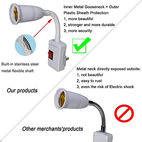 STBTECH E27/E26 Plug in Light Socket Adapter with On/Off Switch, Flexible Neck Extension Lamp Bulb Holder Converter for Night Light Bedside lamp Wall lamp Bases
