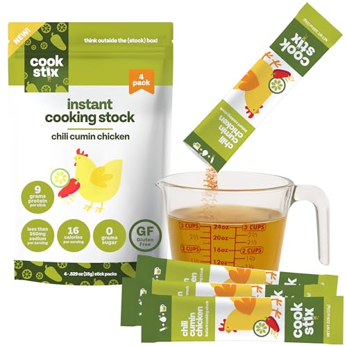 Cookstix Chili Cumin Lime Chicken Stock Powder Sticks, Makes 3 Cups of Chicken Broth & 9g of Protein per Stick, Clean-Label Alternative to Bouillon Powder, Lower Sodium, No Additives, 4 Sticks