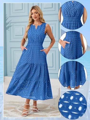 Image of Women 2026 Summer Maxi Dress Casual V Neck Sundress Sleeveless Hollow Out Eyelet a Line Long Flowy Beach Vacation Dresses(Blue,S)