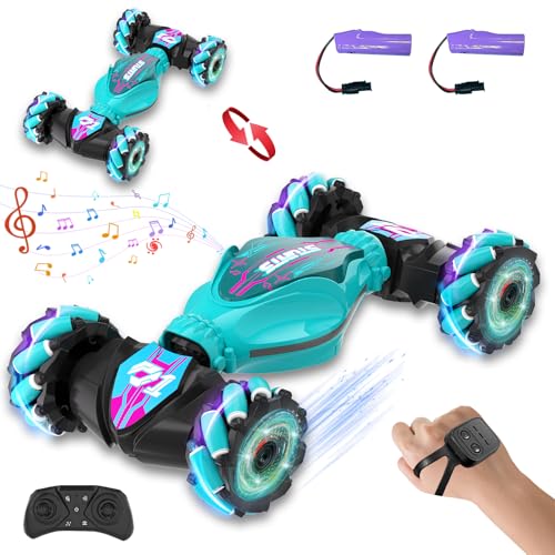 Gesture Sensing RC Stunt Car, 4WD Hand Controlled & Remote Control Twist Car with Light & Music, 360° Rotating, Road & Off-Road Modes Rc Cars Best Gifts for KIids 8+ Year Old(Lake green - 2 Battery)