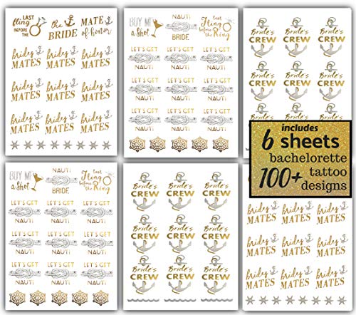 Bachelorettesy Bride To Be Gold Metallic Nautical Temporary Tattoos 100+ Bride’s Crew, Nauti Bride, Last Fling Great For Engagement & Bachelorette Party - Waterproof Nontoxic #TOP3