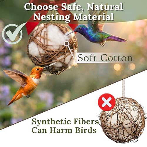 Image of Bird Nesting Material Holder for Hummingbirds, 2 Refillable Balls with Natural Cotton Fibers for Wild Bird Houses, Outdoor Gift for Bird Lovers