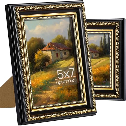 upsimples 5x7 Picture Frame with Real Glass, Ornate Vintage 5 x 7 Photo Frames for Wall Decor or Tabletop Display, Black and Gold, 2 Pack