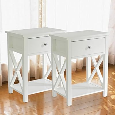 MAGIC UNION Wooden X-Design Modern Side End Table Storage Shelf with Bin Drawer White Night Stand Sets of 2 51EdCVvQl6L. SS400