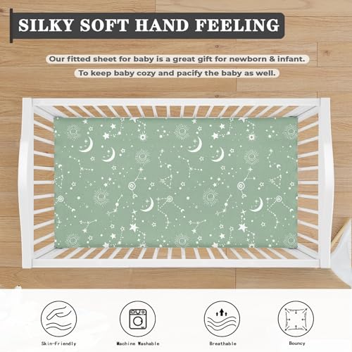 Image of Stars Baby Crib Sheets for Boys Girls Moon Fitted Crib Sheet for Standard Crib and Toddler Mattress Green Baby Mattress Sheets Toddler Bed Sheet 52x28x8 in
