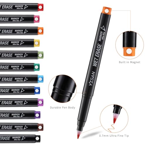 YISAN Wasserlöslich Whiteboard Marker Magnetische, 0.7mm Feucht Abwischbar Whiteboard Stifte Dünn,non-permanent Stifte mit ultrafeiner Spitze,12 Farben,70580