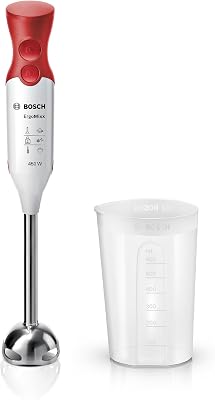 Bosch Frullatore a Immersione MSM64110, 450 W, Impugnatura Ergonomica, Piede in Acciaio Inox, Lama a 4 ali Acciaio Inox, Due Livelli di Velocità, Pratico Bicchiere Graduato Incluso, Bianco, Rosso