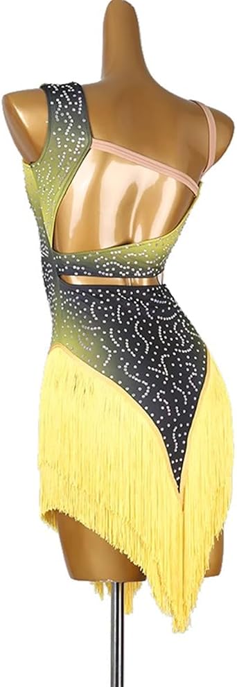 Women's Fringe Latin Cha Cha Dance Competition Dress One Shoulder Tango Salsa Rumba Dance Gradient Skirt