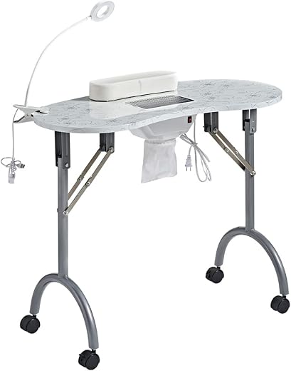 CHAOEEMY - Manicure Table Foldable with 3 Cleaning Bags and LED Light, Manicure Table with Electric Fan, Wrist Cushion, St...