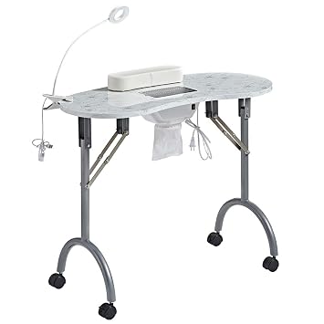 CHAOEEMY Nail Desk Portable Manicure Table, Professional Nail Table with USB-plug LED Table Lamp, Sponge Pillow, Electric Dust Collector, Carrying Bag, White