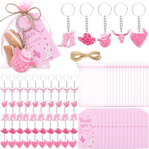 Equsion 50 Sets Cowgirl Party Favors Pink Western Disco Keychain with Organza Bags and Thank You Tags for Birthday Bridal Wedding Baby Shower Bachelorette Party Supplies Gifts