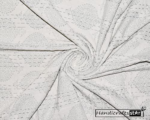 Handicrafts Star Gray Color Kantha Quilt Hand Block Printed Bedspread Cotton Reversible Coverlet Indian Traditional Blanket King Size Ethnic Bedcover Bohemian Throw #TOP4
