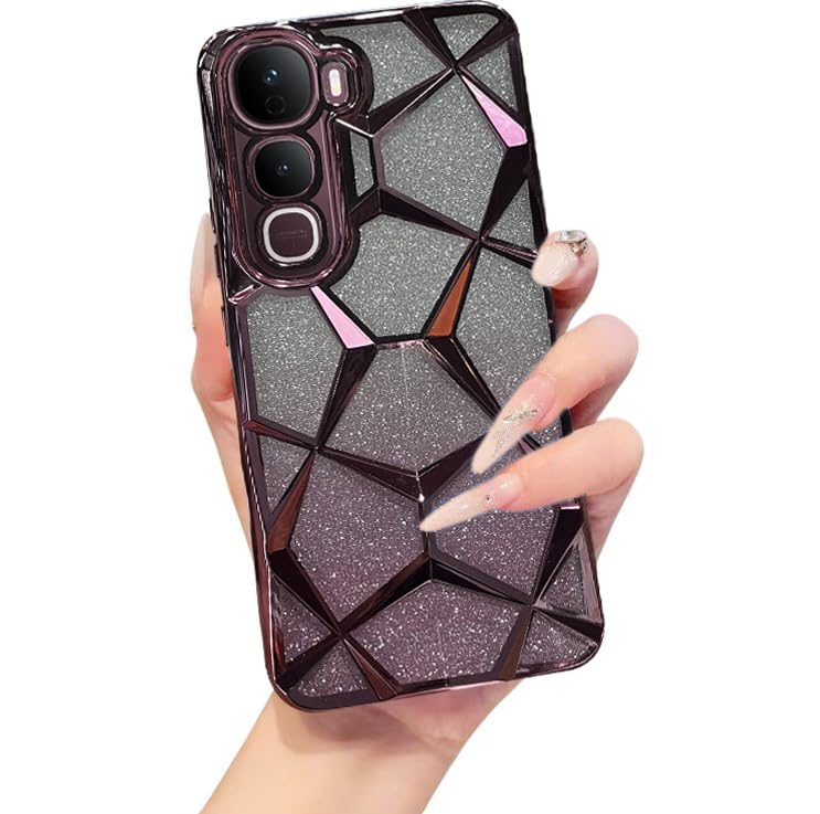 Image of VONZEE Gradient Glitter Case for VIVO Y400, Luxury Electroplated 3D Cube, Diamond Bling Shiny Soft TPU Clear Shockproof Women Girls Protective Phone Cover (Rose Gold)