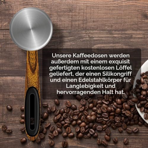 Foto von Dreamhigh® Kaffeedose Luftdicht 1kg Bohnen - Kaffeebehälter aus Edelstahl mit Messlöffel, Deckel aus Holzmaserung（Nicht Holz） -2800 ml