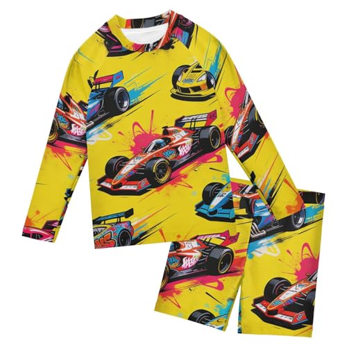 Traje de baño 2 piezas para niños protección UV manga larga amarillo diseño graffiti