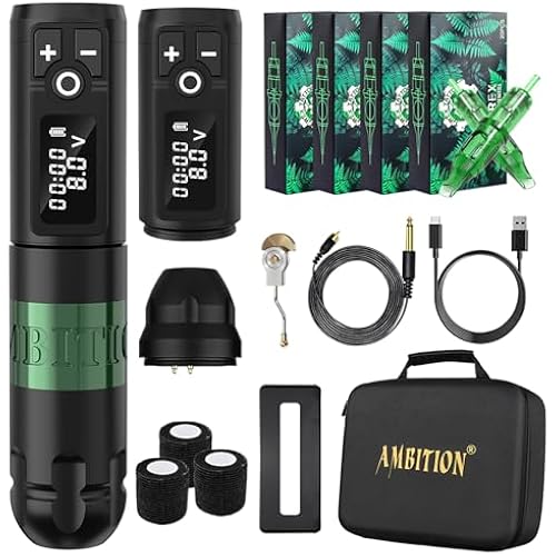 Ambition Soldier Wireless Tattoo Machine Kit Complete Rotary Coreless Motor Tattoo Pen Kit with Extra 2400mAh Battery 80pcs TREX Mixed Size Cartridge Needles Supply for Professional Tattoo Artist