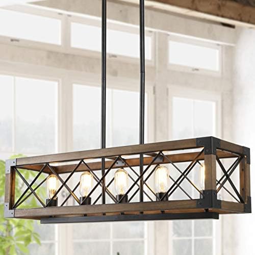 - Farmhouse Chandelier for Dining Room, 5-Light Rectangular Chandelier, Wood Kitchen Island Lighting, 31.5'' L