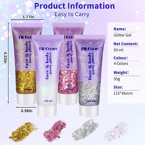 Body Glitter Gel, 4 Stück Glitzer Haare Festival Glitzer Gesicht Mermaid Sequins Körperglitzer Chunky Face Body Glitzer Gesichtsglitzer Glitzer Schminke Glitter Makeup Glitzer Körper für Party
