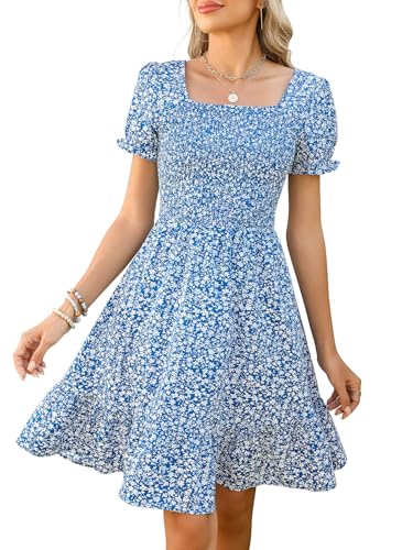 Lyrur Women's Short Sleeve Summer Dresses 2025 Spring Casual Square Neck Easter Dress A-Line Tiered Sundress with Pockets