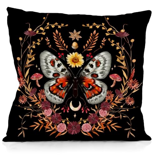 LUVADIAN Goth Luna Moth Mushroom Pillow Covers 18x18 Reversible - Witch Decor, Witchy Room Decor Aesthetic, Moth Decor, Gothic Decor for Home, Goth Room Decor