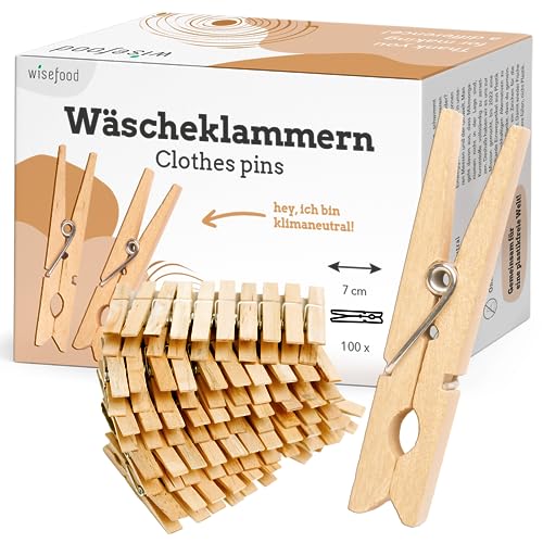 wisefood Wäscheklammern 100 Stück naturfarbene Holzklammern aus Birkenholz 7cm stabile und splitterfreie Holzwäscheklammern zum Wäscheaufhängen Basteln und Dekorieren