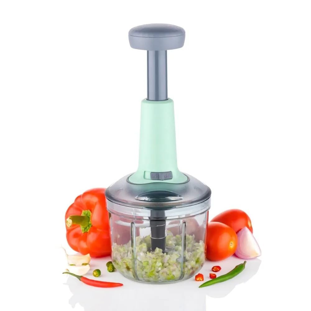Food Chopper Manual Hand Press Push Chopper with 3 Blades for Effortless Chopping Vegetables & Fruits (1100 ml, Plastic), Mint Green and Grey-image-15
