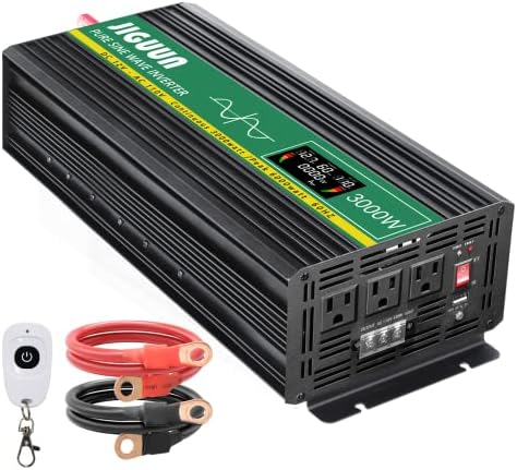 JIGUUN 3000 Watt Pure Sine Wave Power Inverter 12v DC to 110/120v AC Inverter 3 AC & USB Output, Car Converter with LCD Display for Home RV Camping Emergency