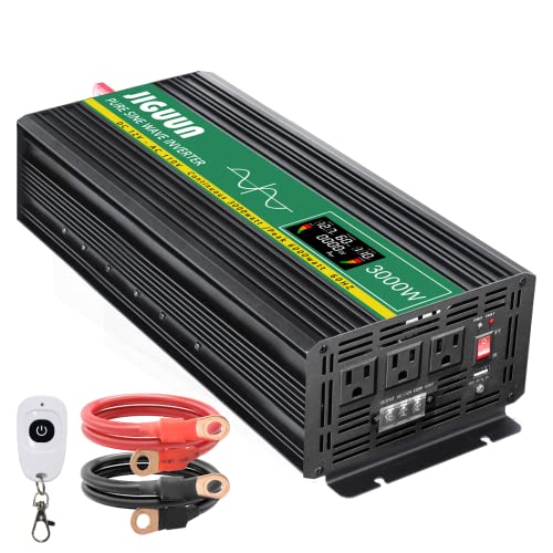 Jiguun 3000 Watt Pure Sine Wave Power Inverter 12V Dc To 110/120V Ac Inverter 3 Ac & Usb Output, Car Converter With Lcd Display For Home Rv Camping Emergency #TOP1